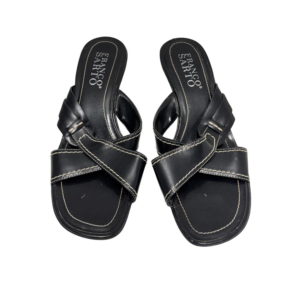 Franco Sarto Womens Black Leather Kitten Heel Slide Sandals Square Toe 8M 359/2 - Picture 2 of 8